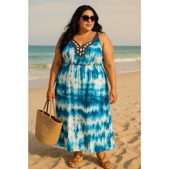 Lane Bryant Blue White Beaded Maxi Dress | Plus Size 22 | Boho Beach Resort Vibe - Picture 1 of 15